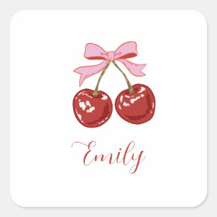 Pegatina Cuadrada Nombre personalizado de Coquette Cherry Bow