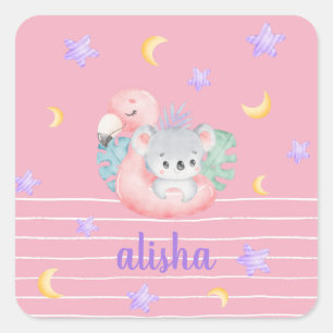 Pegatina Cuadrada Nombre personalizado de los niños rosados de Koala