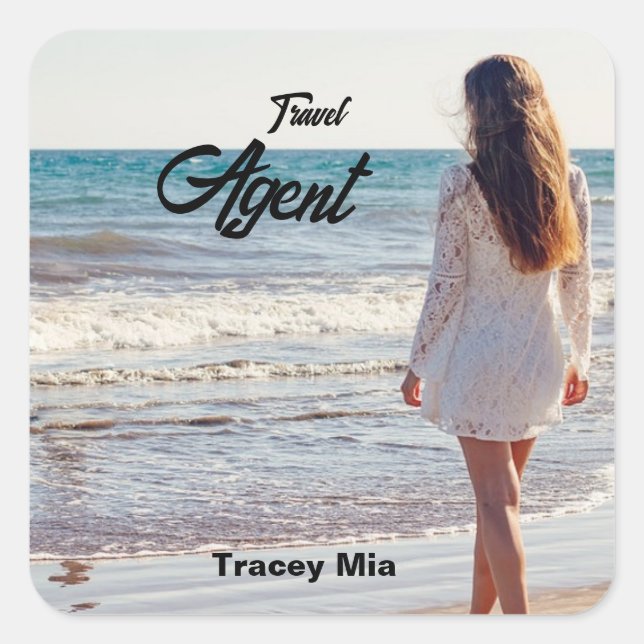Pegatina Cuadrada Nombre personalizado del agente de viajes (Anverso)