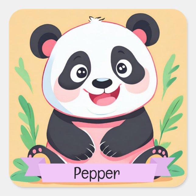 Pegatina Cuadrada Nombre personalizado del panda del bebé (Anverso)