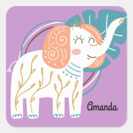 Pegatina Cuadrada Nombre personalizado del pequeño elefante Boho