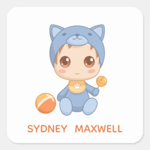 Pegatina Cuadrada Nombre personalizado del traje de gato para bebé C