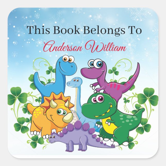 Pegatina Cuadrada Nombre personalizado Dinosaurio divertido, deja 4º (Anverso)