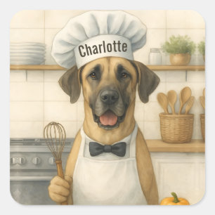 Pegatina Cuadrada Nombre Personalizado Divertido Chef Perro Gran Dan