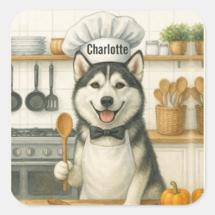 Pegatina Cuadrada Nombre Personalizado Divertido Perro Chef Husky Si