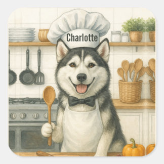 Pegatina Cuadrada Nombre Personalizado Divertido Perro Chef Husky Si