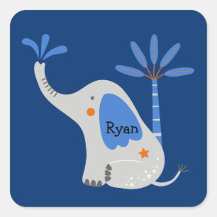 Pegatina Cuadrada Nombre personalizado Elefante lindo con Palma Azul