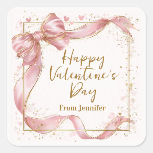Pegatina Cuadrada Nombre personalizado Elegante Cinta Rosa Día de Sa