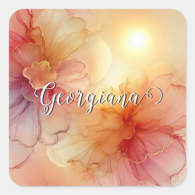 Pegatina Cuadrada Nombre personalizado Engranaje Raspberry Floral Al (Anverso)