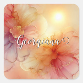 Pegatina Cuadrada Nombre personalizado Engranaje Raspberry Floral Al