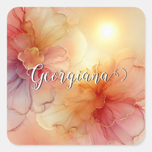 Pegatina Cuadrada Nombre personalizado Engranaje Raspberry Floral Al
