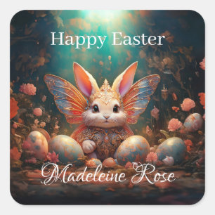 Pegatina Cuadrada Nombre personalizado Feliz conejo de Pascua con hu
