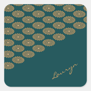 Pegatina Cuadrada Nombre personalizado floral marrón sobre verde pin