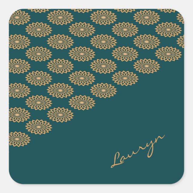 Pegatina Cuadrada Nombre personalizado floral marrón sobre verde pin (Anverso)