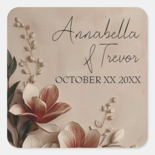 Pegatina Cuadrada Nombre personalizado floral romántico de magnolia 