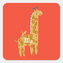 Pegatina Cuadrada Nombre personalizado Giraffe Bird & Flowers Gold N