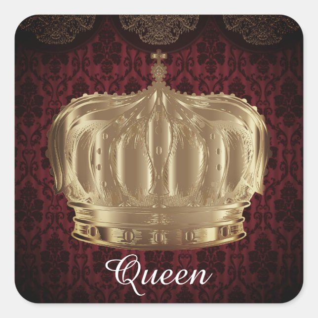 Pegatina Cuadrada Nombre personalizado Gold Royal Crown King & Queen (Anverso)