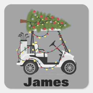 Pegatina Cuadrada Nombre Personalizado Golfista Navidad Carro de Gol