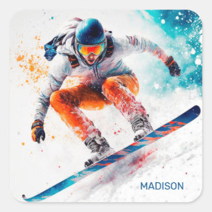 Pegatina Cuadrada Nombre personalizado Ilustracion Snowboarder