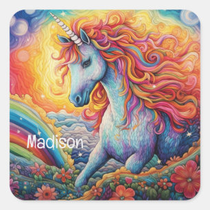 Pegatina Cuadrada Nombre personalizado lindo unicornio
