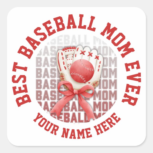 Pegatina Cuadrada Nombre personalizado MOM de BASEBALL de diseño (Anverso)