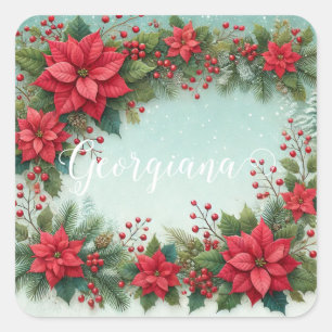 Pegatina Cuadrada Nombre personalizado Navidades acuarela floral Poi