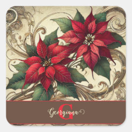 Pegatina Cuadrada Nombre personalizado Navidades Art Nouveau Poinset