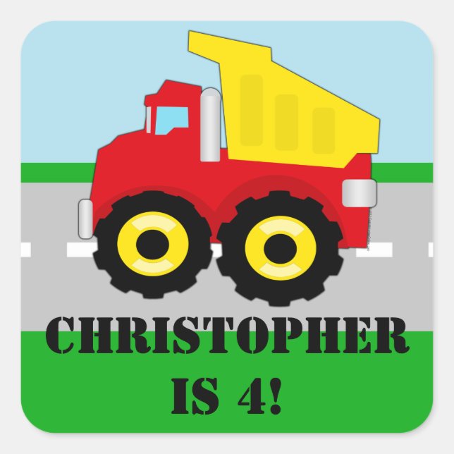 Pegatina Cuadrada Nombre Personalizado Niños Niños Construcción Dump (Anverso)