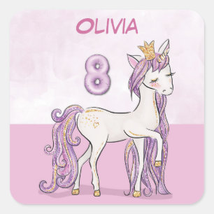 Pegatina Cuadrada Nombre personalizado octavo cumpleaños caballo ro