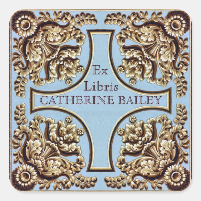Pegatina Cuadrada Nombre personalizado Ornate Victorian Ex Pegatinas (Anverso)