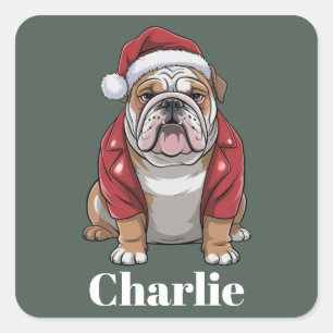 Pegatina Cuadrada Nombre Personalizado Perro Bulldog Inglés Navidad