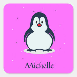 Pegatina Cuadrada Nombre personalizado pingüino lindo en rosa