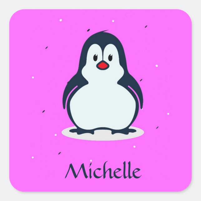 Pegatina Cuadrada Nombre personalizado pingüino lindo en rosa (Anverso)