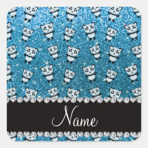 Pegatina Cuadrada Nombre personalizado purpurina azul cielo pandas