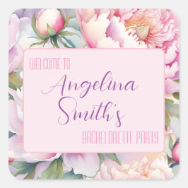 Pegatina Cuadrada Nombre Personalizado Rosa Fucsia Peonía Fiesta de 