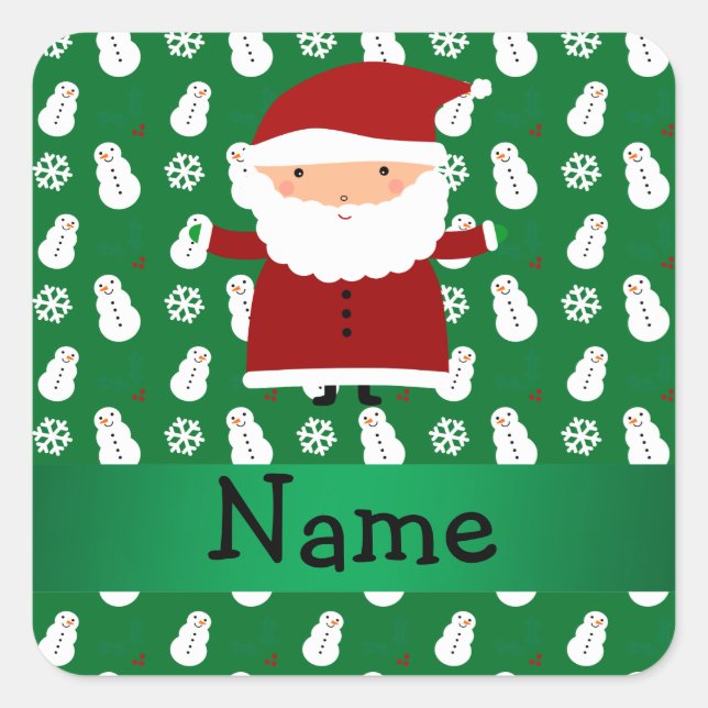 Pegatina Cuadrada Nombre personalizado santa verde snowman (Anverso)