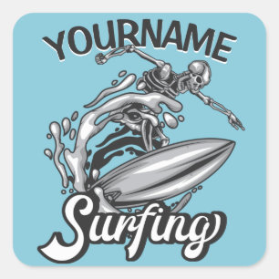 Pegatina Cuadrada NOMBRE Personalizado Surfista Big Wave Skeleton Su
