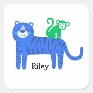 Pegatina Cuadrada Nombre personalizado Tigre Azul con Mono Verde en 
