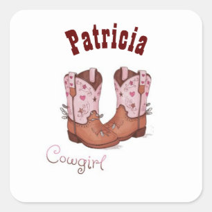 Pegatina Cuadrada Nombre personalizado Trendy Cute Cow Girl Boots Pi