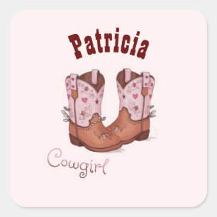 Pegatina Cuadrada Nombre personalizado trendy Cute Cow Girl Boots ro