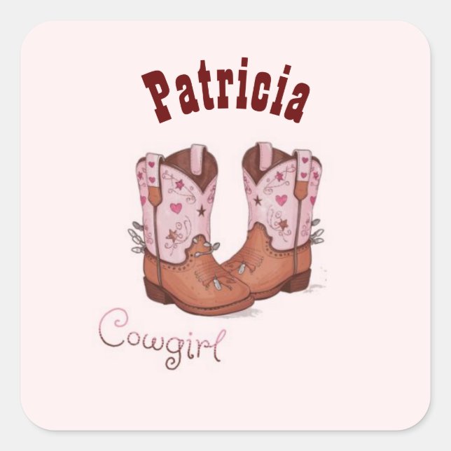 Pegatina Cuadrada Nombre personalizado trendy Cute Cow Girl Boots ro (Anverso)