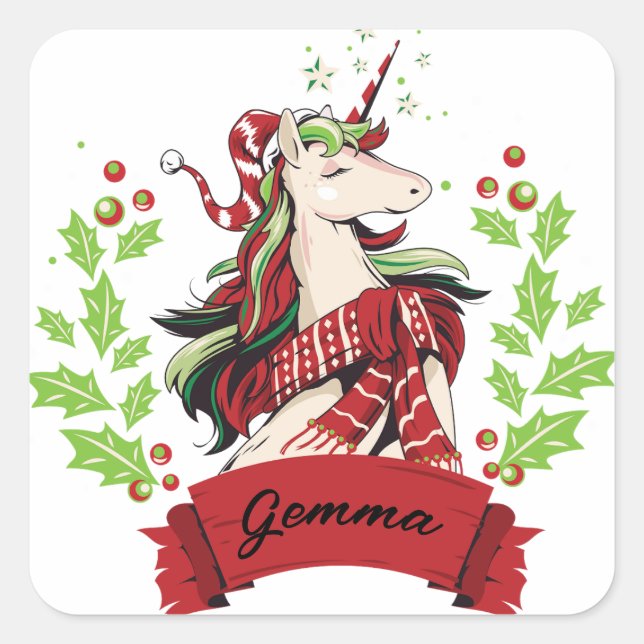 Pegatina Cuadrada Nombre personalizado Unicorn Navidades (Anverso)