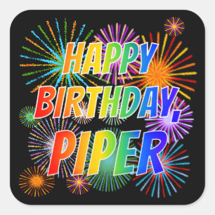 Pegatina Cuadrada Nombre "PIPER", Diversión "FELIZ CUMPLEAÑOS"