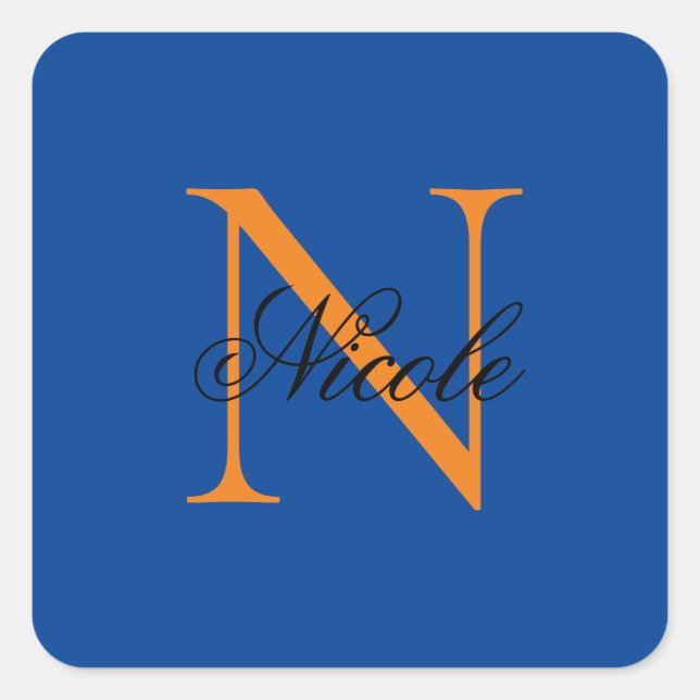 Pegatina Cuadrada Nombre propio monogramado inicial azul profundo (Anverso)