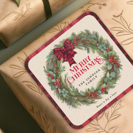 Pegatina Cuadrada Nombre Red Buffalo Plaid Farmhouse Navidades Wreat