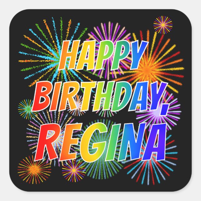 Pegatina Cuadrada Nombre "REGINA", Divertido "FELIZ CUMPLEAÑOS" (Anverso)