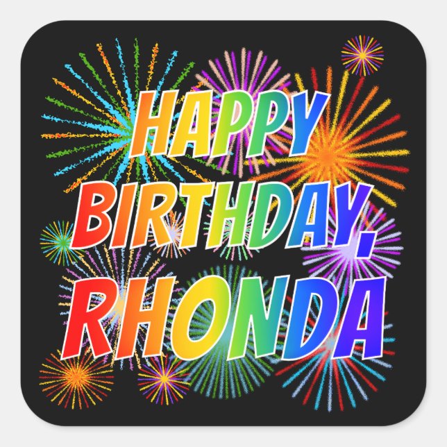 Pegatina Cuadrada Nombre "RHONDA", divertido "CUMPLEAÑOS FELIZ" (Anverso)