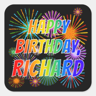 Pegatina Cuadrada Nombre "RICHARD", Diversión "FELIZ CUMPLEAÑOS"