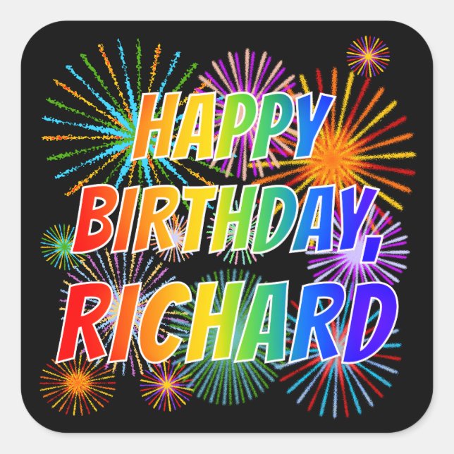 Pegatina Cuadrada Nombre "RICHARD", Diversión "FELIZ CUMPLEAÑOS" (Anverso)