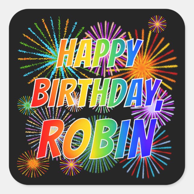 Pegatina Cuadrada Nombre "ROBIN", diversión "FELIZ CUMPLEAÑOS" (Anverso)
